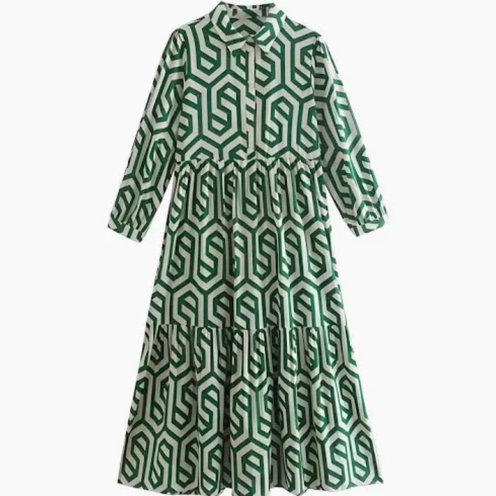 ZARA Women's Midi Dress Large - White and Green Geometric Pattern